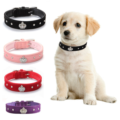Luxury Velvet Pet Collar with Diamond Crown – Adjustable Dog & Cat Necklace